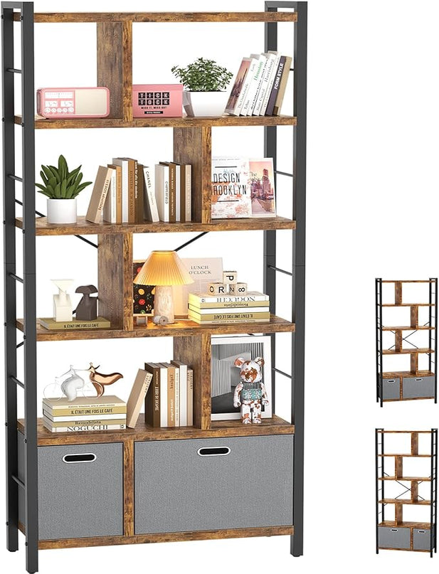 74 Inch Tall Bookshelf, 6 Tier Bookcase with Drawers, Modern Book Shelf Display Standing Shelf Units with Storage, Wood and Metal Bookshelves for Living Room, Bedroom, Home Office, Rustic Brown - LeafyLoom
