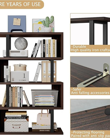 Bookshelf geometric bookcase S Shaped industrial bookshelf Storage Display Stand Shelf for Living Room Bedroom and office Room (Black, 4 Tier) - LeafyLoom