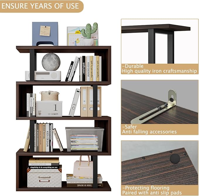 Bookshelf geometric bookcase S Shaped industrial bookshelf Storage Display Stand Shelf for Living Room Bedroom and office Room (Black, 4 Tier) - LeafyLoom