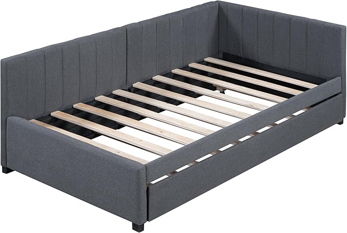 Merax Twin Size Upholstered Daybed with Trundle Wooden Sofa Bed Frame for Living, Guest, Children's Room, No Box Spring Needed, Easy Assembly, Gray - LeafyLoom