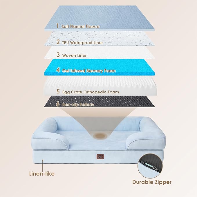 EHEYCIGA Orthopedic Dog Bed for Large Dogs, Waterproof Memory Foam with Sides, Non-Slip Bottom and Egg-Crate Foam Couch Bed with Washable Removable Cover, Light Blue EHEYCIGA