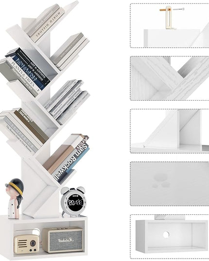 YMYNY 6 Tier Tree Bookshelf, Tall Bookcase, Wood Book Storage Rack with Drawer, Modern Floor Standing Book Shelf for Books/Movies/CDs, Utility Organizer for Living Room, Home Office, White UHBC016W - LeafyLoom