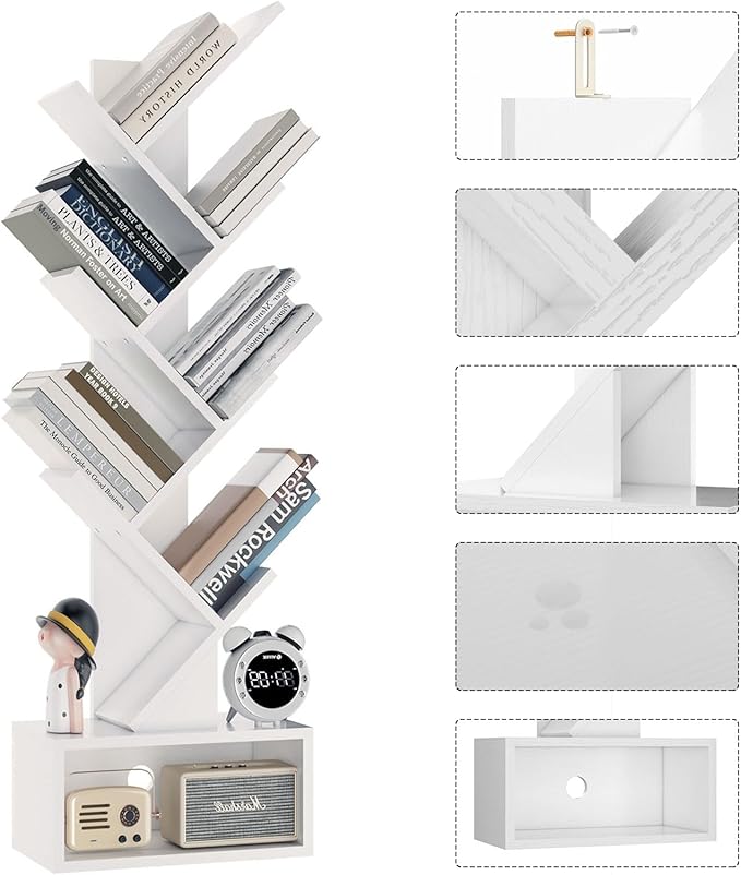 YMYNY 6 Tier Tree Bookshelf, Tall Bookcase, Wood Book Storage Rack with Drawer, Modern Floor Standing Book Shelf for Books/Movies/CDs, Utility Organizer for Living Room, Home Office, White UHBC016W - LeafyLoom