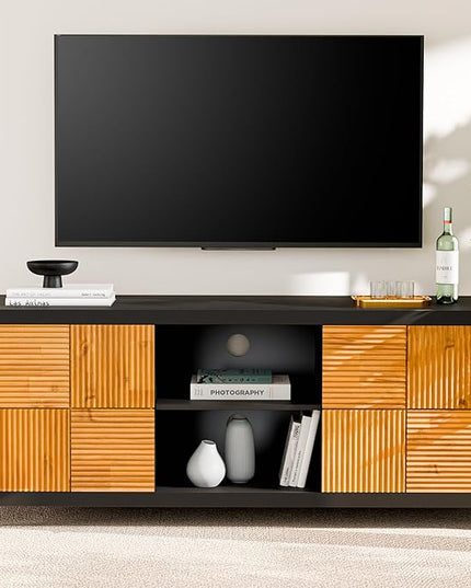 Bme Solid Wood Fluted Fully Assembled Media Console, Craft to Last Center with Soft Close Door & Adjustable Storage Space, Spacious & Unique Entertainment, Madia 60 Inch TV Stand, Black & Teak Brown - LeafyLoom
