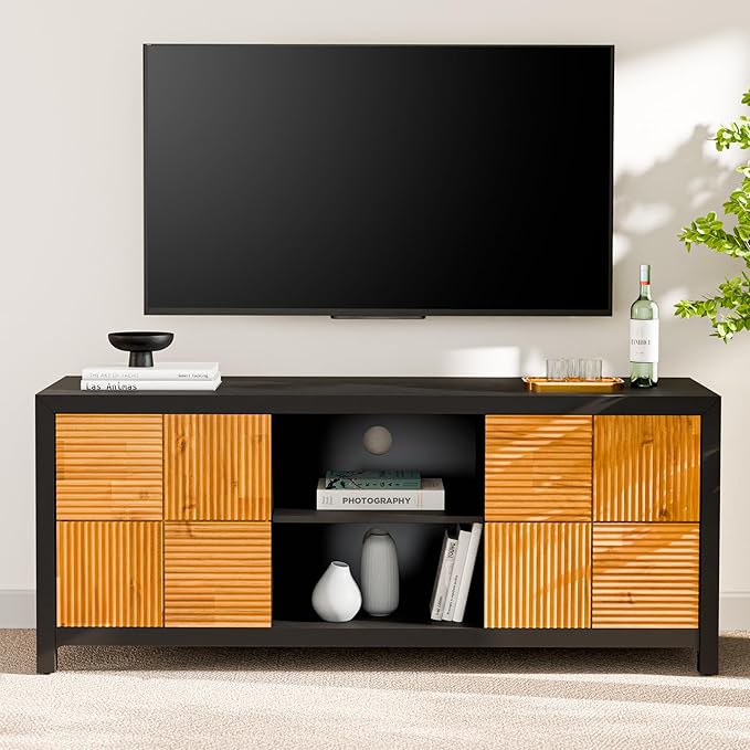 Bme Solid Wood Fluted Fully Assembled Media Console, Craft to Last Center with Soft Close Door & Adjustable Storage Space, Spacious & Unique Entertainment, Madia 60 Inch TV Stand, Black & Teak Brown - LeafyLoom