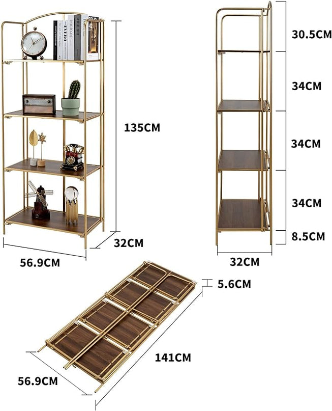 No Assembly Folding Bookshelf, 4 Tier Gold Bookshelf, Metal Book Shelf for Storage, Folding Bookcase for Office Organization and Storage, 12.6" D x 22.44" W x 55.51" H - LeafyLoom