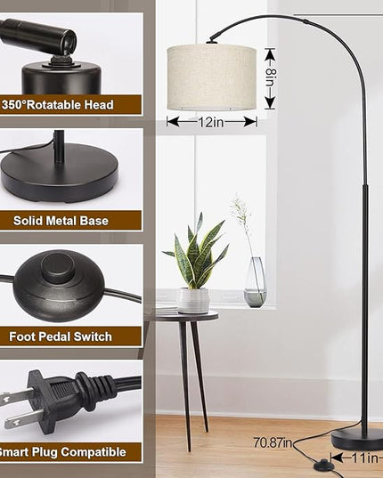 Arc Floor Lamps for Living Room, Modern Standing Lamp with Adjustable Hanging Drum Shade, Tall Pole Lamp with Foot Switch, Over Couch Arched Reading Light for Bedroom, Office (Black) - LeafyLoom