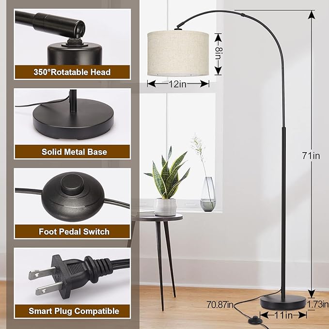 Arc Floor Lamps for Living Room, Modern Standing Lamp with Adjustable Hanging Drum Shade, Tall Pole Lamp with Foot Switch, Over Couch Arched Reading Light for Bedroom, Office (Black) - LeafyLoom
