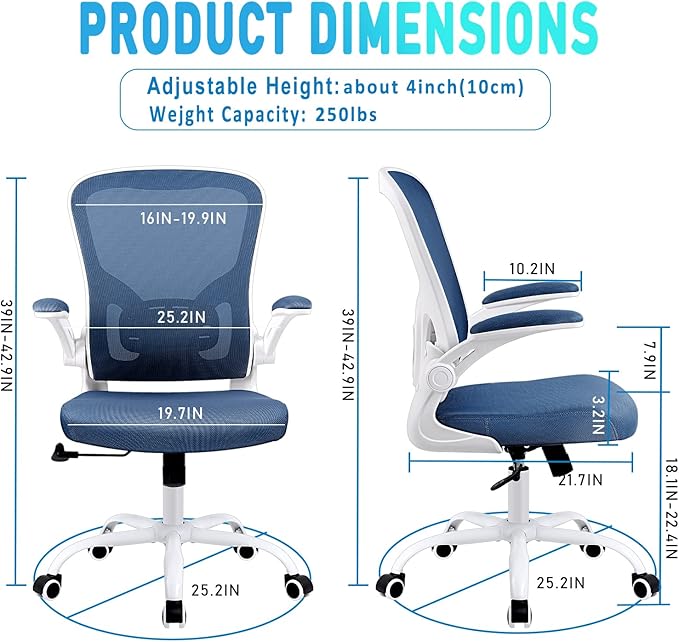 Ergonomic Office Desk Chair Breathable Mesh Swivel Computer Chair, Lumbar Back Support Task Chair, Office Chairs with Wheels and Flip-up Arms, Adjustable Height(White & Blue) - LeafyLoom
