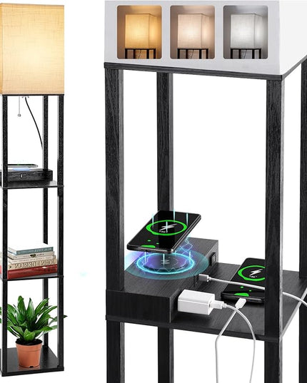 Dott Arts Floor Lamp with Shelves, Shelf Lamp with Wireless Charger & USB A+C Ports & 2 AC Outlets,3 Color Temperature Corner Tall Standing Floor Lamps for Living Room, Bedroom, Office (Black) - LeafyLoom