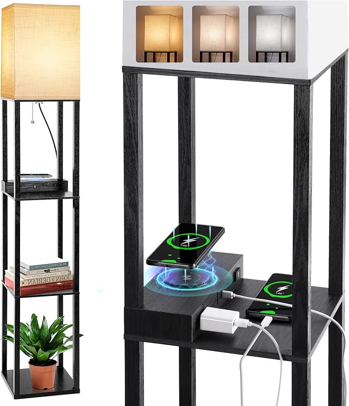 Dott Arts Floor Lamp with Shelves, Shelf Lamp with Wireless Charger & USB A+C Ports & 2 AC Outlets,3 Color Temperature Corner Tall Standing Floor Lamps for Living Room, Bedroom, Office (Black) - LeafyLoom