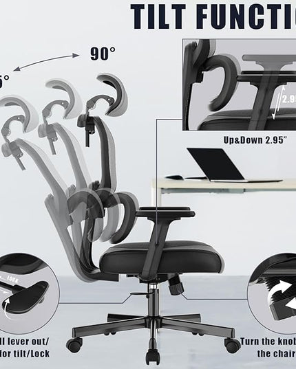 Office Chair, Ergonomic Desk Chair, High Back Desk Chair, Big and Tall Reclining Comfy Home Office Chair with Lumbar Support Breathable Mesh Computer Chair Adjustable Armrests - LeafyLoom