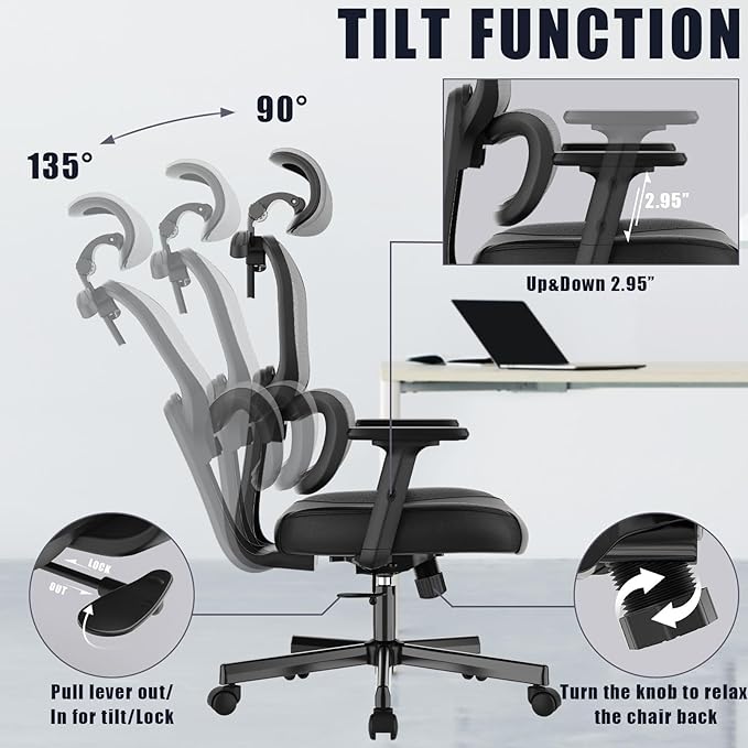 Office Chair, Ergonomic Desk Chair, High Back Desk Chair, Big and Tall Reclining Comfy Home Office Chair with Lumbar Support Breathable Mesh Computer Chair Adjustable Armrests - LeafyLoom