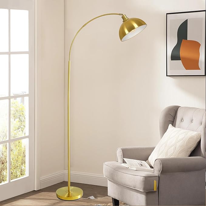 Arc Floor Lamps for Living Room,Modern Tall Standing Lamp Gold Floor Lamp with Adjustable Hanging Dome Shade,Over Couch Mid Century Arched Reading Lamp for Bedroom,Office - LeafyLoom