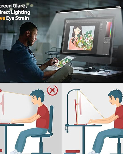 Quntis LED Desk Lamp, Eye-Care Architect Clamp Desk Lights for Home Office, 31.5'' Wide Bright Office Lighting with Auto-Dimming, Dimmable Table Light, 2H Timer Task Lamp for Workbench Monitor Drawing - LeafyLoom