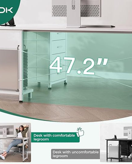 AODK L Shaped Desk with 4 Tier Drawers, 61" Reversible Gaming Desk with Power Outlets, L Shaped Computer Desk with USB Charging Port and Host Stand, Home Office Corner Desk, Easy to Assemble, White - LeafyLoom