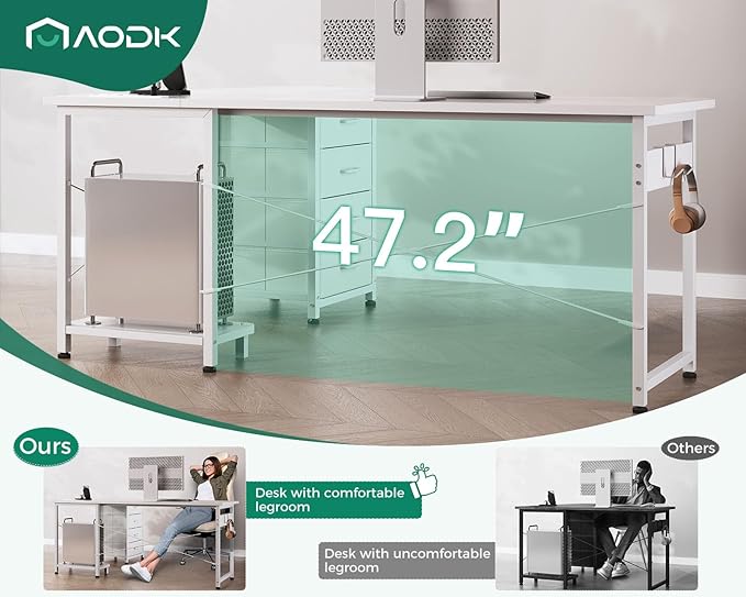 AODK L Shaped Desk with 4 Tier Drawers, 61" Reversible Gaming Desk with Power Outlets, L Shaped Computer Desk with USB Charging Port and Host Stand, Home Office Corner Desk, Easy to Assemble, White - LeafyLoom
