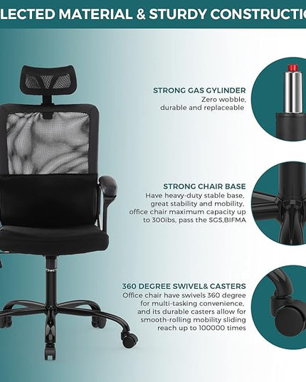 SMUG Office Chair, Ergonomic Mesh Home Office Computer Chair with Lumbar Support/Adjustable Headrest/Armrest and Wheels/Mesh High Back/Swivel Rolling (Black) - LeafyLoom