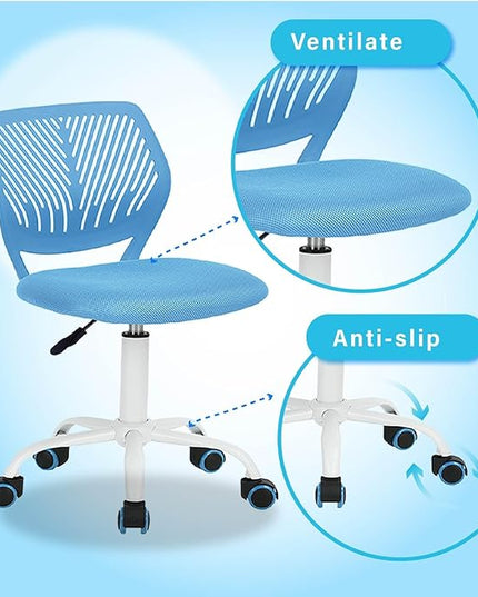 FurnitureR Writing Task Chair 360 Swivel,Low Mid PP Mesh Back Fabric Seat, Height Adjustable, Rolling Castor,W15.7”xD15.2”x H29.5-34.2",Blue - LeafyLoom