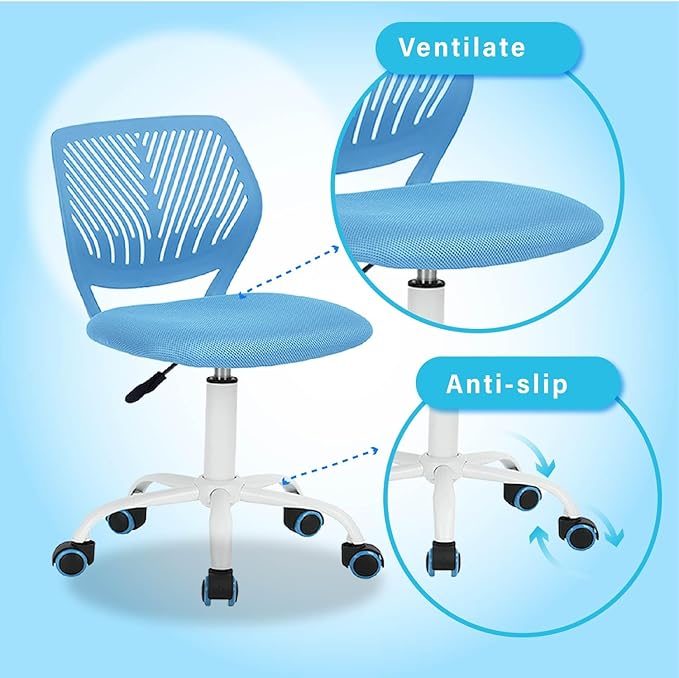 FurnitureR Writing Task Chair 360 Swivel,Low Mid PP Mesh Back Fabric Seat, Height Adjustable, Rolling Castor,W15.7”xD15.2”x H29.5-34.2",Blue - LeafyLoom