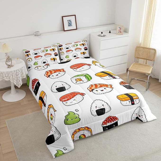 Sushi Pattern Comforter Set Japanese-Style Bedding Set for Kids Boys Girls Teens Food Theme Comforter Cute Cartoon Japanese Sushi Duvet Set Room Decor Quilt Set Queen Size Microfiber - LeafyLoom