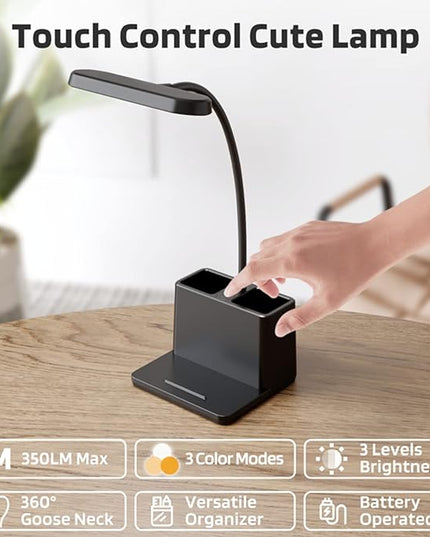 Battery Operated Desk Lamp, Small Desk Light for Home Office, Rechargeable Desktop Lamp, LED Portable Lamp with Adjustable Gooseneck, Black Study Reading Lamp for Kids - LeafyLoom