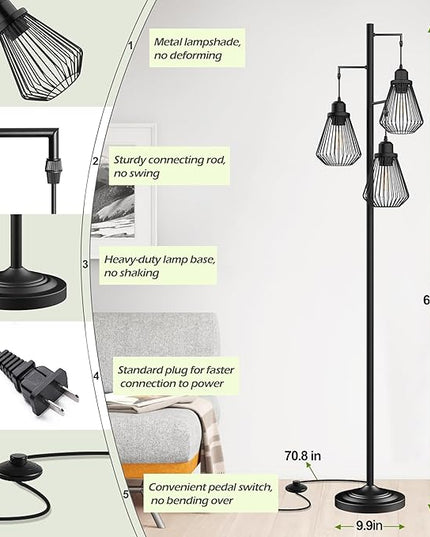 Industrial Floor Lamps for Living Room, Farmhouse Standing Lamp with 3 Hanging Teardrop Cage Shades, 68" Modern Rustic Tree Tall Lamps with Pedal Switch for Bedroom Office Home Light Decor, Black - LeafyLoom