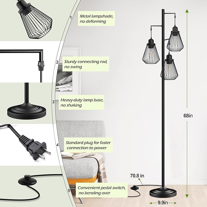 Industrial Floor Lamps for Living Room, Farmhouse Standing Lamp with 3 Hanging Teardrop Cage Shades, 68" Modern Rustic Tree Tall Lamps with Pedal Switch for Bedroom Office Home Light Decor, Black - LeafyLoom
