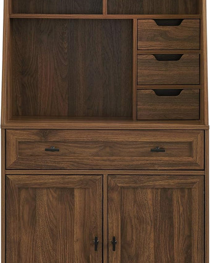 Walker Edison Secretary Hutch Wood Desk with Keyboard Drawer Bookshelf Storage Home Office Storage Cabinet, 64 Inch, Dark Walnut - LeafyLoom