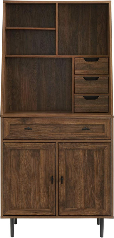 Walker Edison Secretary Hutch Wood Desk with Keyboard Drawer Bookshelf Storage Home Office Storage Cabinet, 64 Inch, Dark Walnut - LeafyLoom