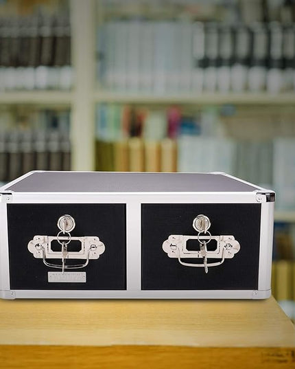 Vaultz® Locking Index Card Cabinet for 4" x 6" Cards, 2-Drawer, 6 3/4" H x 14" W x 16" D, Black - LeafyLoom