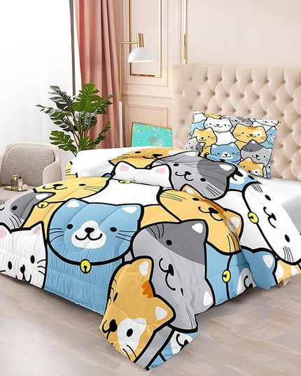 Cat Comforter Twin Size Cartoon Cat Comforter Set Cute Cat Print Bedding Sets for Girls Room Kids Cat Twin Quilt Set, 1 Comforter+1 Pillowcase - LeafyLoom