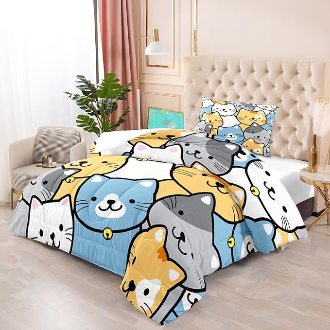 Cat Comforter Twin Size Cartoon Cat Comforter Set Cute Cat Print Bedding Sets for Girls Room Kids Cat Twin Quilt Set, 1 Comforter+1 Pillowcase - LeafyLoom