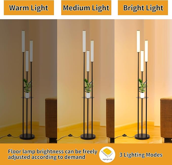 Ganeed LED Floor Lamp with Shelves,30W Modern Black Tall Lamps with 3 Acrylic Lampshade,3000K Warm Light Standing Lamps with Foot Switch and Remote Control (66.5 inch) - LeafyLoom