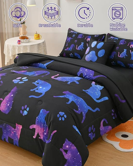 DORCAS Cute Cat Twin Comforter Set for Girls Starry Sky Bedding Sets Twin Girls 6 Pieces Animal Twin Bed-in-A-Bag with Comforter,Sheets,Pillowcases for Kids - LeafyLoom