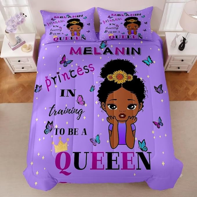 Black Girl Comforter Set Queen for Kids,Black Girl Magic Bedding Set,African American Girl Inspirational Quotes Comforter Set,Black Princess Bed Bedroom Set - LeafyLoom