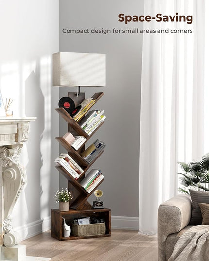 6 Tier Tree Bookshelf with Light, Small Bookcase Tower for Books/CDs/Movies, Sturdy Tall Floor Standing Book Organizer with Storage Cabinet for Living Room, Bedroom and Home Office - LeafyLoom
