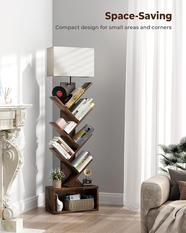 6 Tier Tree Bookshelf with Light, Small Bookcase Tower for Books/CDs/Movies, Sturdy Tall Floor Standing Book Organizer with Storage Cabinet for Living Room, Bedroom and Home Office - LeafyLoom
