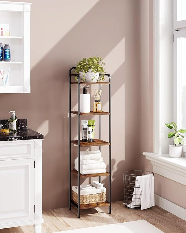 Bookcase Bookshelf, Narrow Book Shelf, Industrial Coner Shelf Storage Organizer, Slim Shelving Unit for Home Office, Living Room, Bedroom, Kitchen, 5-Tier Rustic Brown BC24501B - LeafyLoom