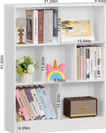 YAHARBO White 7 Cube Bookshelf,3 Tier Modern Horizontal Bookcase,Wooden Low Book Shelf Display Storage Cabinet with Base,Floor Standing Short Bookshelves Open Organizer for Bedroom,Living Room,Office - LeafyLoom