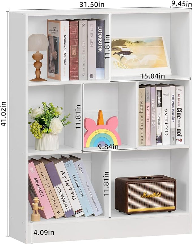 YAHARBO White 7 Cube Bookshelf,3 Tier Modern Horizontal Bookcase,Wooden Low Book Shelf Display Storage Cabinet with Base,Floor Standing Short Bookshelves Open Organizer for Bedroom,Living Room,Office - LeafyLoom