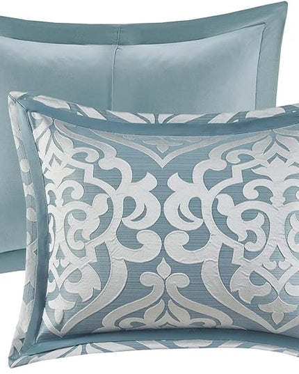 Madison Park Odette Cozy Comforter Set Jacquard Damask Medallion Design - Modern All Season, Down Alternative Bedding, Shams, Decorative Pillows, Queen(90 in x 90 in), Aqua - LeafyLoom