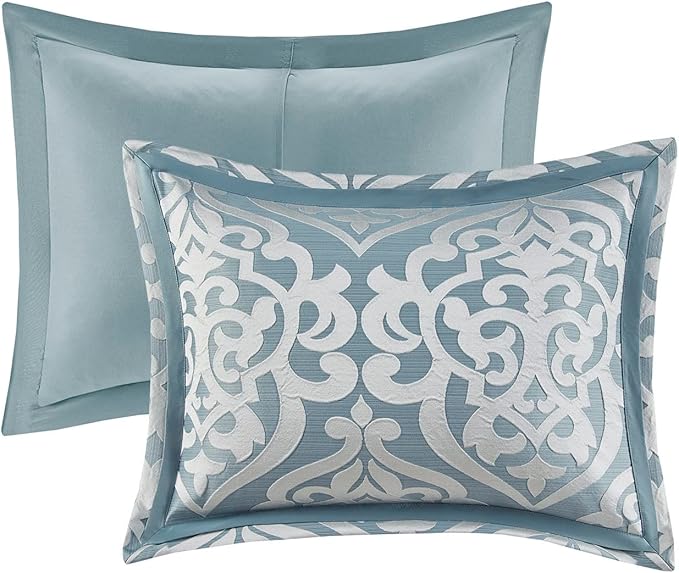 Madison Park Odette Cozy Comforter Set Jacquard Damask Medallion Design - Modern All Season, Down Alternative Bedding, Shams, Decorative Pillows, Queen(90 in x 90 in), Aqua - LeafyLoom