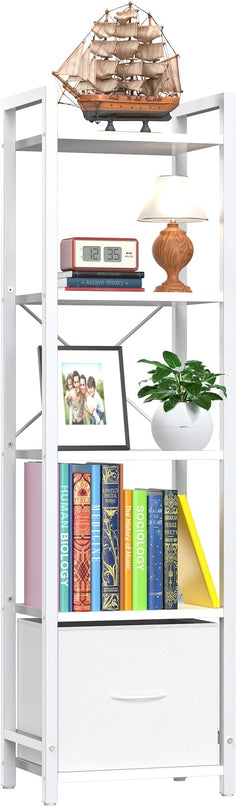 Narrow-Bookshelf-With-Storage-Drawer, 5-Tier Small Standing Book Shelf Organizer For Small Space, Tall Thin Bookcase Shelf For Bedroom Living Room Office, Wooden Shelving Unit Rack For Display - LeafyLoom