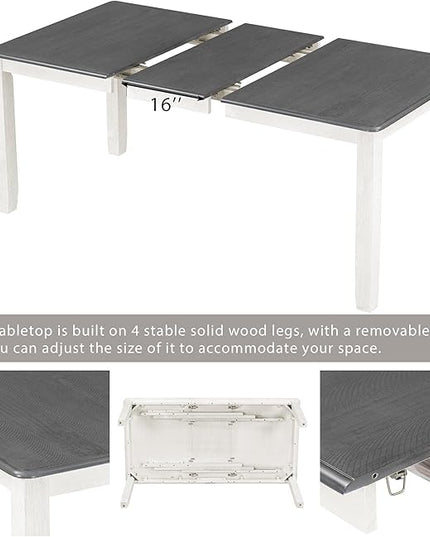 Retro Style 7-Piece Dining Set with Solid Wood Extendable Table and 6 Upholstered Chairs, for Kitchen, Living Room, Home Bar, Easy to Assemble, Gray+White - LeafyLoom