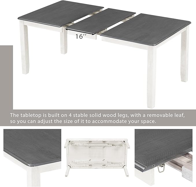 Retro Style 7-Piece Dining Set with Solid Wood Extendable Table and 6 Upholstered Chairs, for Kitchen, Living Room, Home Bar, Easy to Assemble, Gray+White - LeafyLoom