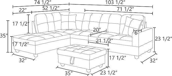 Sectional Sofa, Modern L-Shaped Modular Couch Upholstered 6 Seaters Sofa&Couch with Storage Ottoman, Living Room Furniture Set for Small Apartment, Blue-AD - LeafyLoom