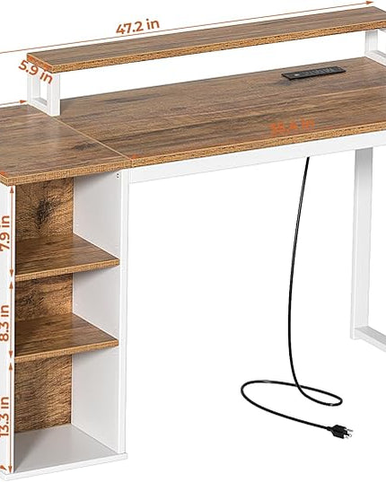 Computer Desk with LED Lights and Power Outlets 47 inch Home Office Desk with Storage Shelves, Small Writing Desk with Monitor Stand for Bedroom,Workstation, Walnut - LeafyLoom