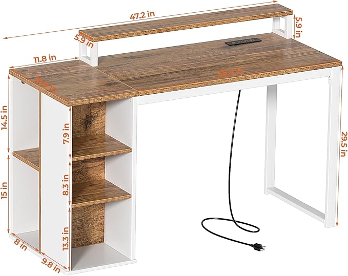 Computer Desk with LED Lights and Power Outlets 47 inch Home Office Desk with Storage Shelves, Small Writing Desk with Monitor Stand for Bedroom,Workstation, Walnut - LeafyLoom