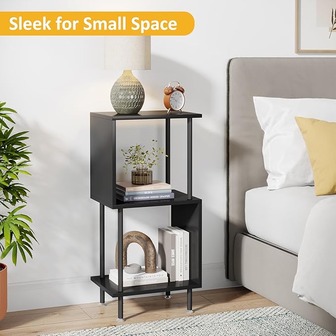 3 Tier Modern Bookshelf, S-Shaped Bookcase,Small Book Shelf for Small Spaces, Unique Bookshelf for Storage Organizer Living Room Bedroom Home Office, Black - LeafyLoom